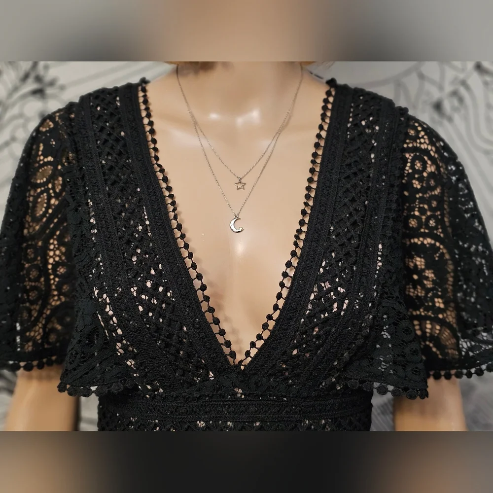 Like New Lulu's Elegant Black Lace Mini Dress Fully Lined Small - Picture 4 of 11